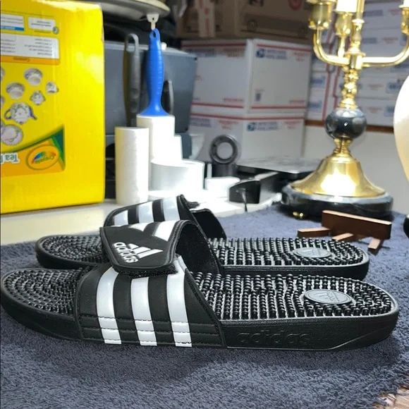 Adidas Black and White Striped Slides - Picture 2 of 6